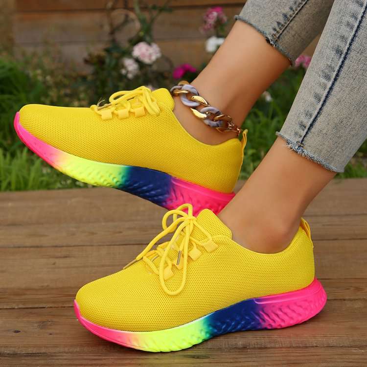 women shoes夏新款欧美大码彩虹底弹力厚底系带针织运动鞋女2024
