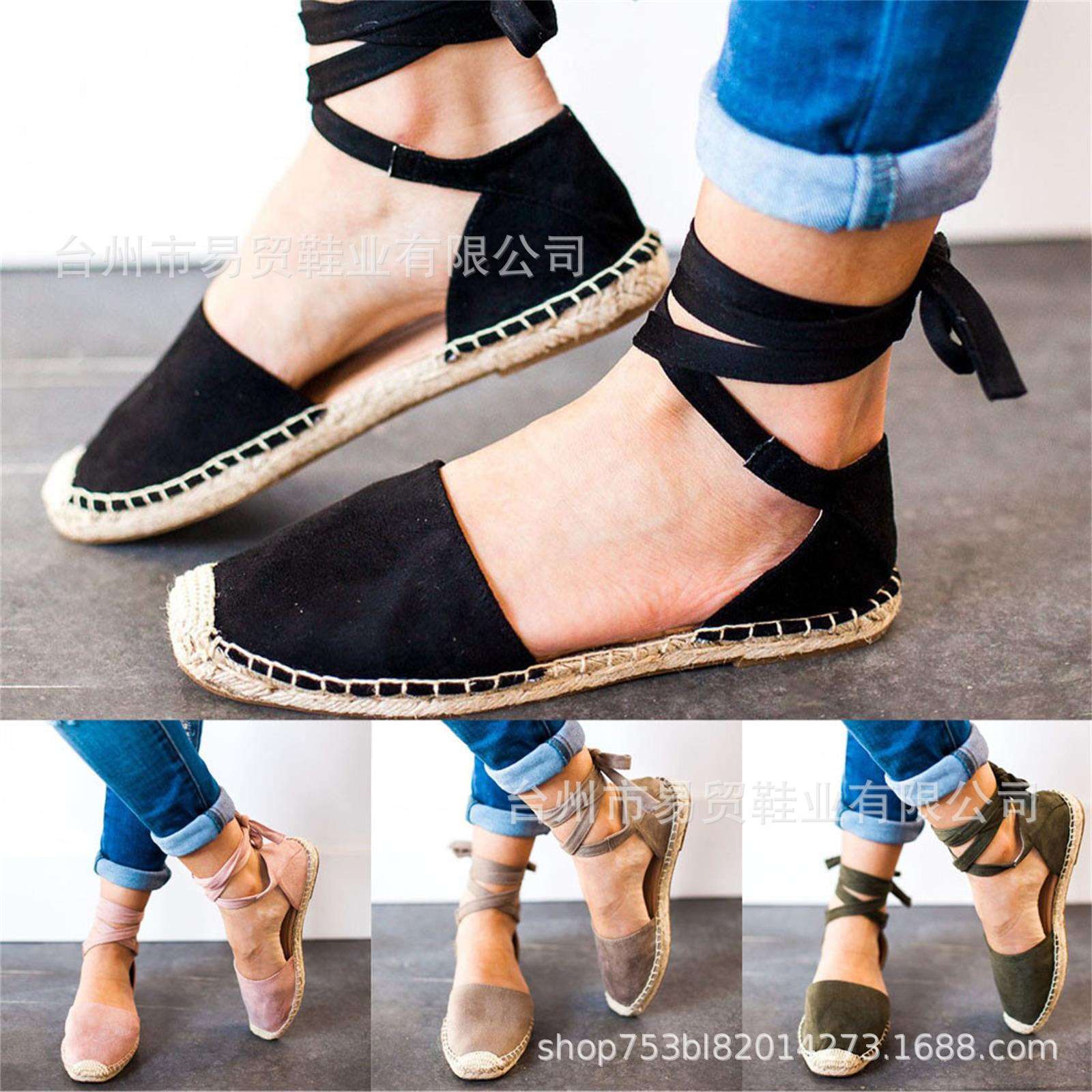 women shoes外贸罗马凉鞋女春夏包头包跟平底绑带麻编底凉鞋2024