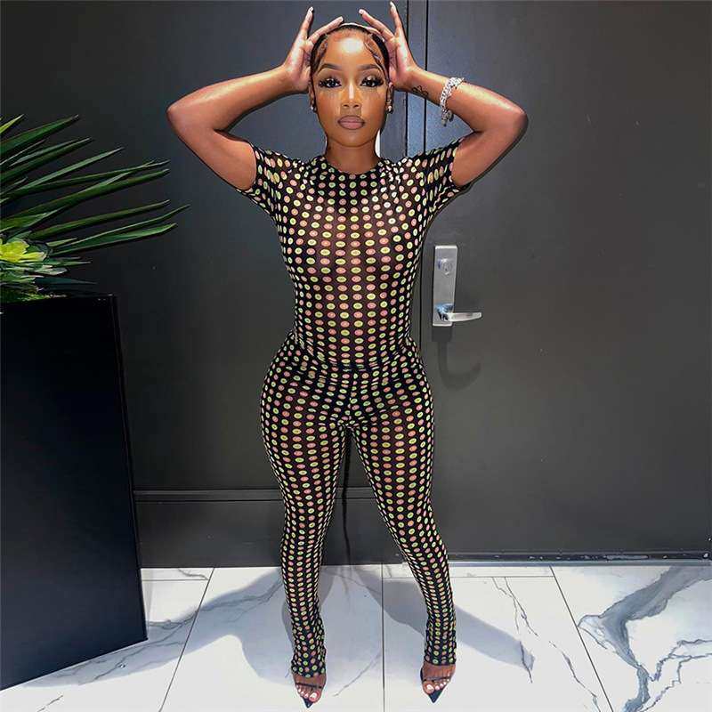 2024款女装时尚圆领短袖T恤透视网纱高腰长裤套装女women clothes