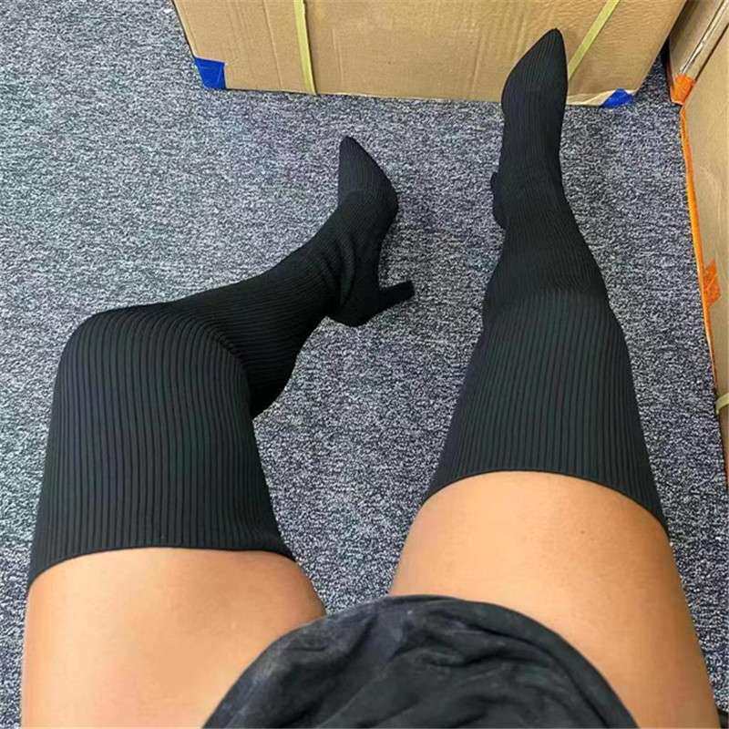 women shoes新款尖头粗跟过膝弹力靴女欧美秋冬大码高跟女靴2024