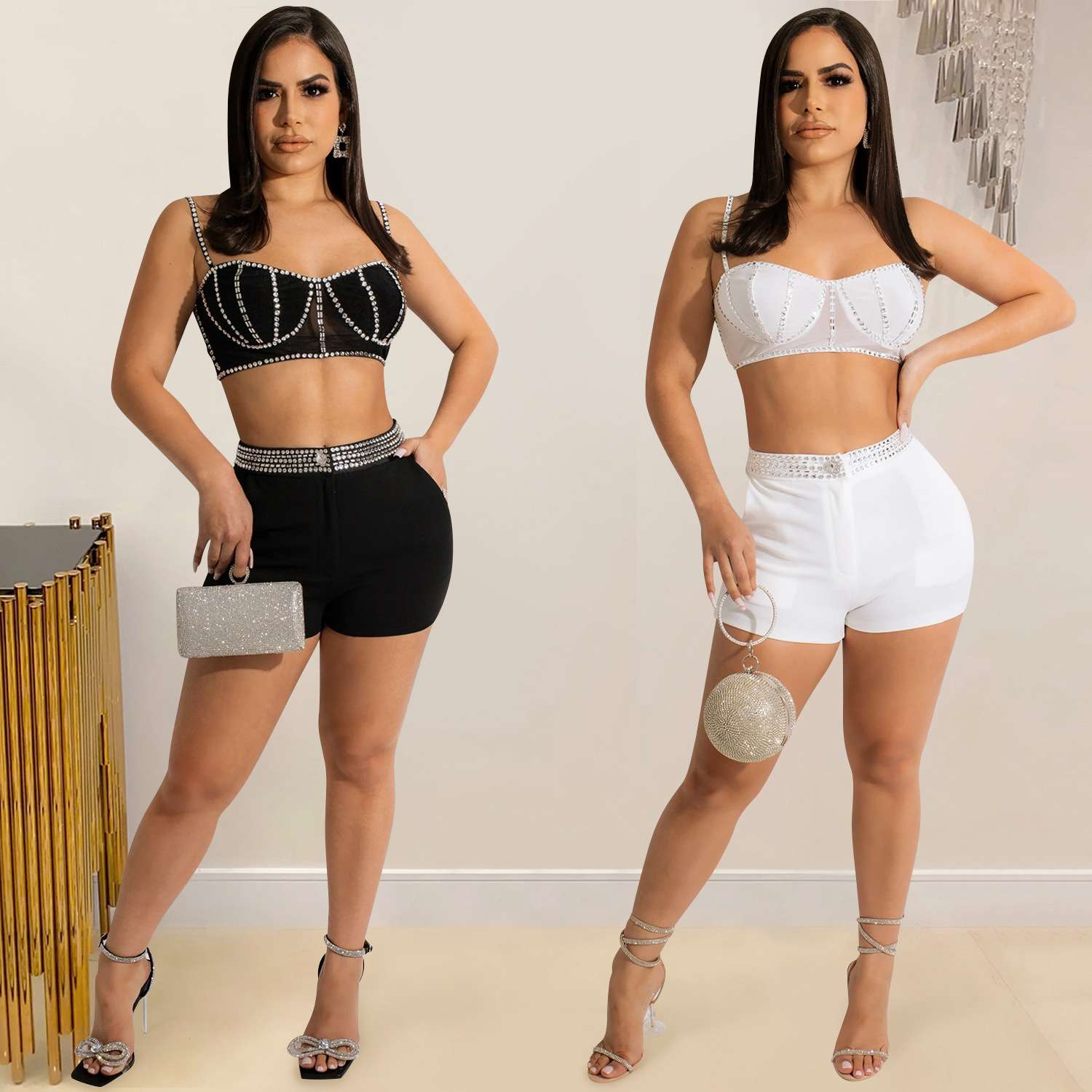 2024X5676欧美新品烫钻吊带拉链裹胸背心短裤两件套women clothes