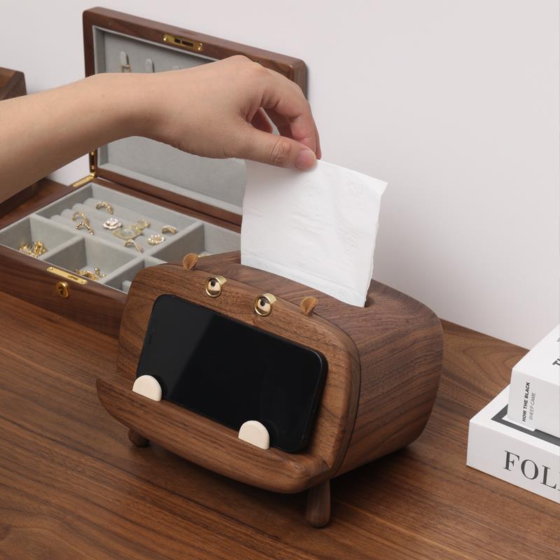 黑胡桃木餐巾纸巾盒河马摆件客厅桌面实木多功能抽纸盒手机架礼品