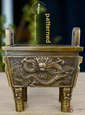 全铜三脚架摆件双龙纹三脚架动物面四脚架大三脚架香炉吸引财富家