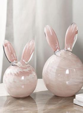 现代简约琉璃粉玉兔摆件创意客厅书房卧室桌面可爱兔子家居装饰品