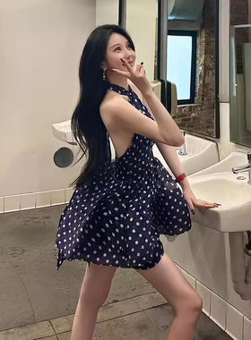 TZ4156蓝色波点挂脖露背连衣裙女小众设计精致气质甜辣妹蓬蓬短裙