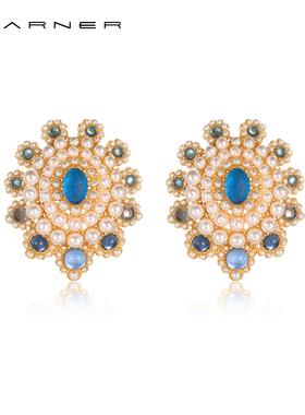 Joseph Warner中古耳钉宫廷vintage蓝色琉璃耳环铜镀金高级耳饰女