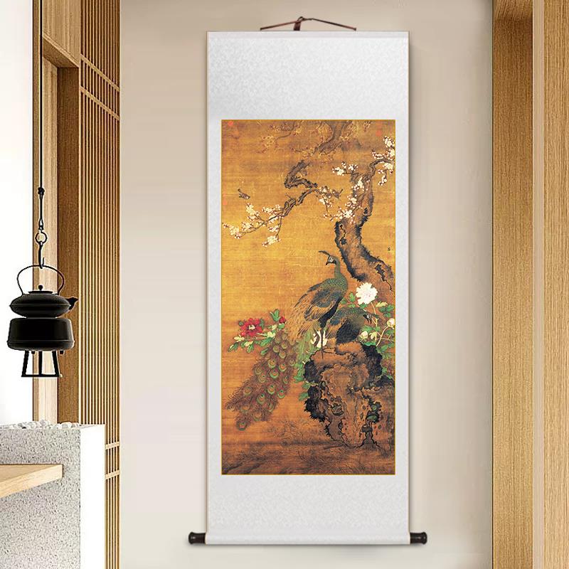 中式玄关画花开富贵卷轴挂画孔雀图客厅装饰画上林春色图书房壁画图片