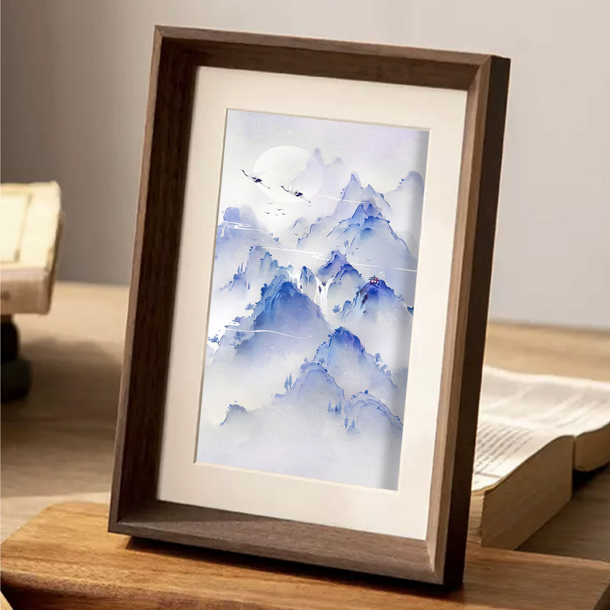 蓝紫色调山水仙鹤古风印刷画高清