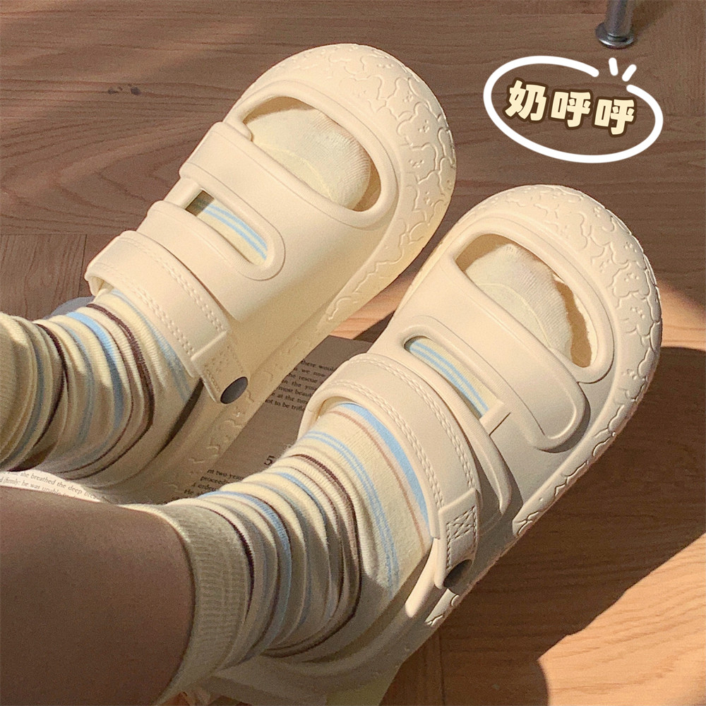 细细条 沙滩夏季双带女拖鞋丑萌圆头个性ins风高级纯色防撞凉拖