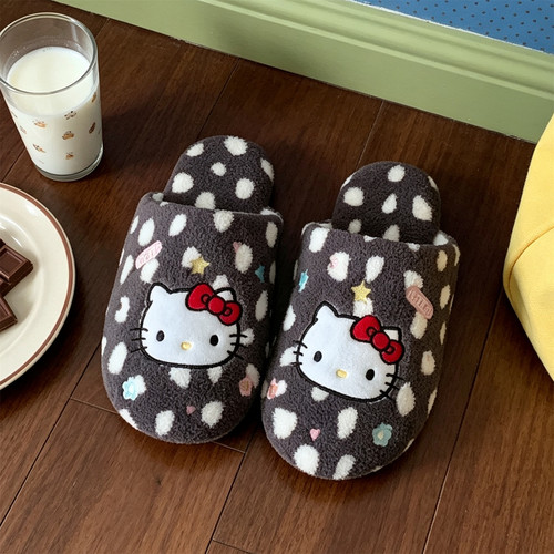 细细条 少女心波点棉拖正版HelloKitty女秋冬静音室内轻便毛毛鞋
