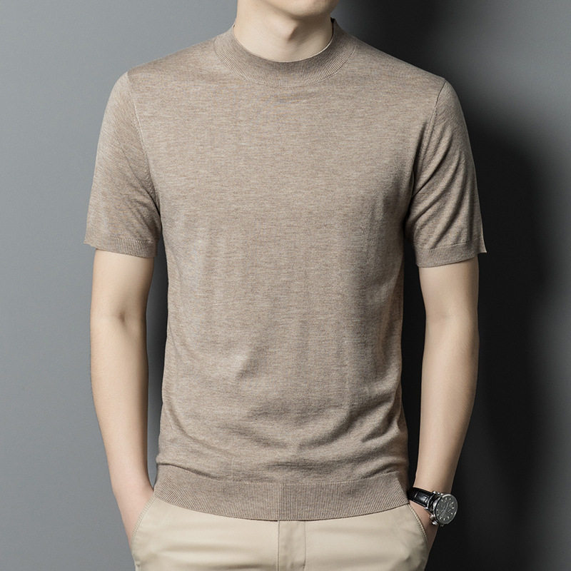 新款秋季半高领针织短袖毛衣男商务时尚休闲半袖含羊毛打底衫男装