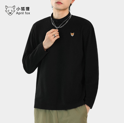 小狐狸德绒男士黑色打底衫半高领冬款内搭男款保暖上衣男宽松T恤