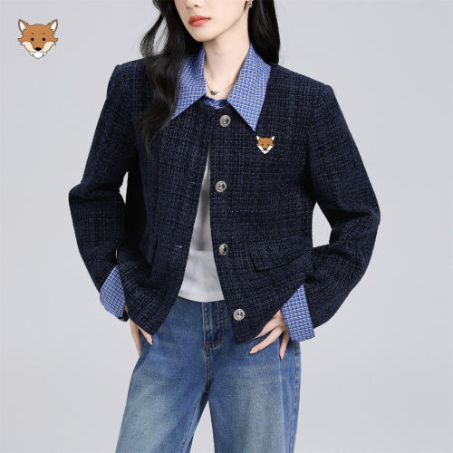 英国April Fox小狐狸藏蓝色假两件小香风外套女2026秋新款气质上