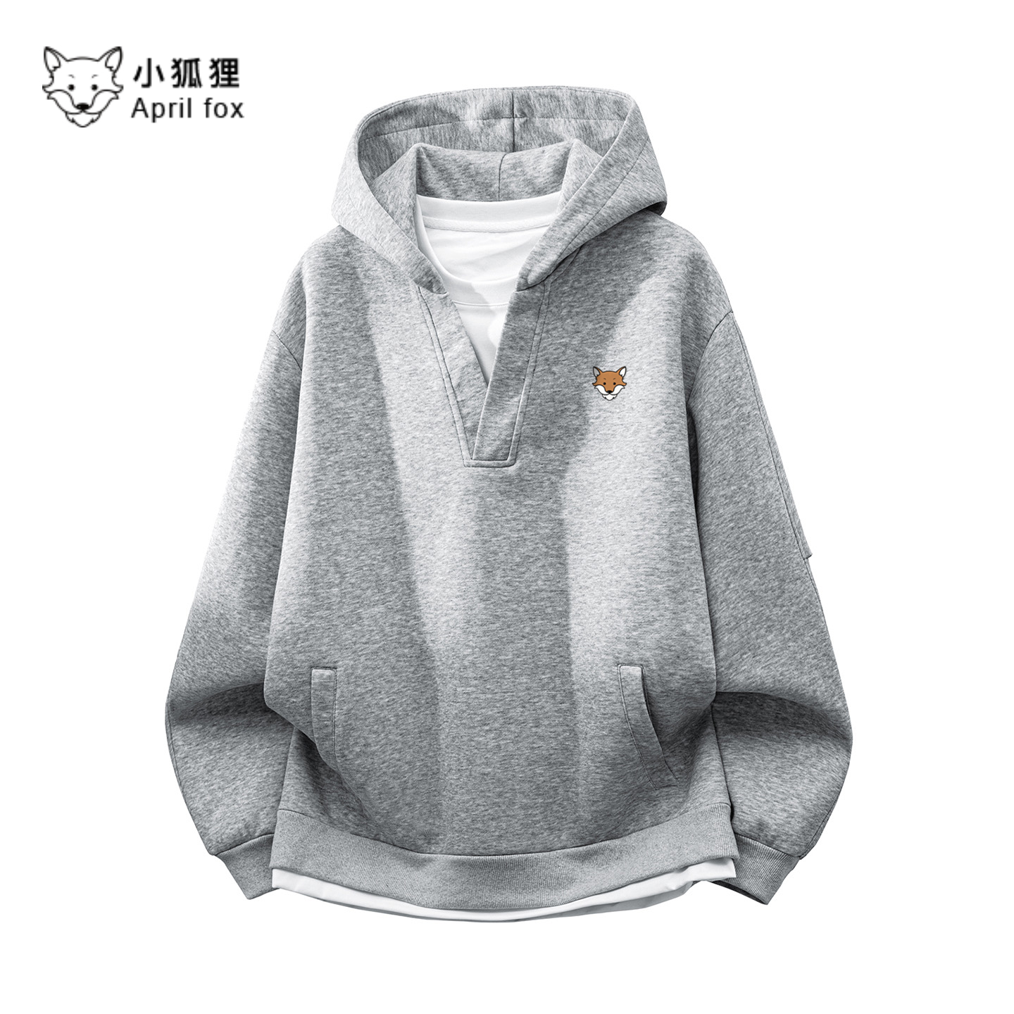 小狐狸假两件卫衣男款秋季美式复古宽松连帽v领上衣服外套