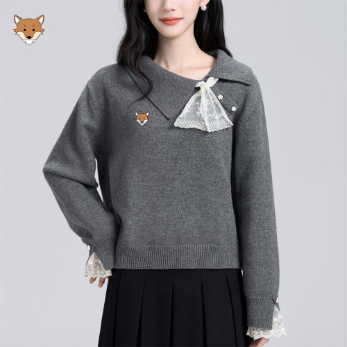 英国April Fox小狐狸灰色蕾丝拼接套头毛衣女2026秋季新款针织上