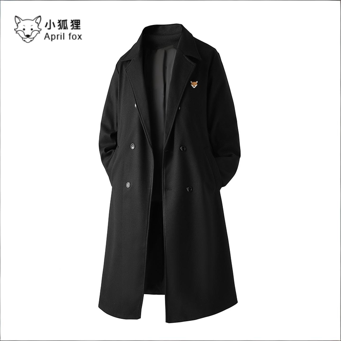 小狐狸男士中长款黑色毛呢大衣新款秋冬季高级感过膝风衣呢子外套