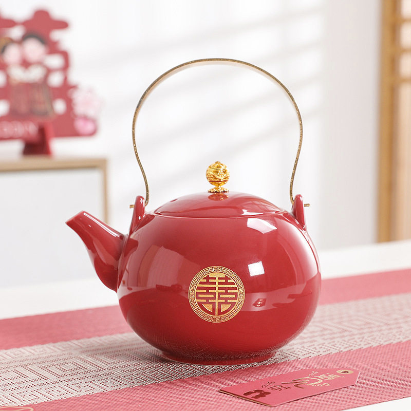 结婚茶壶红色婚庆敬茶壶茶具中式新人陪嫁改口喜壶家用陶瓷提梁壶