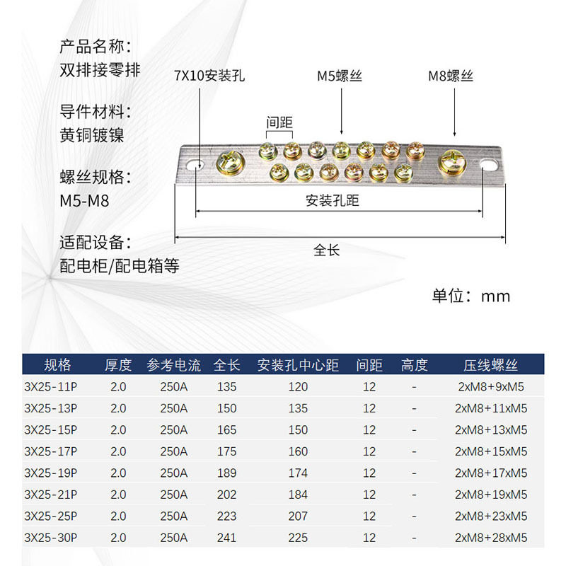 双排3X25规格11-30孔位大电流地线排铜排配电箱配件接线柱零地排