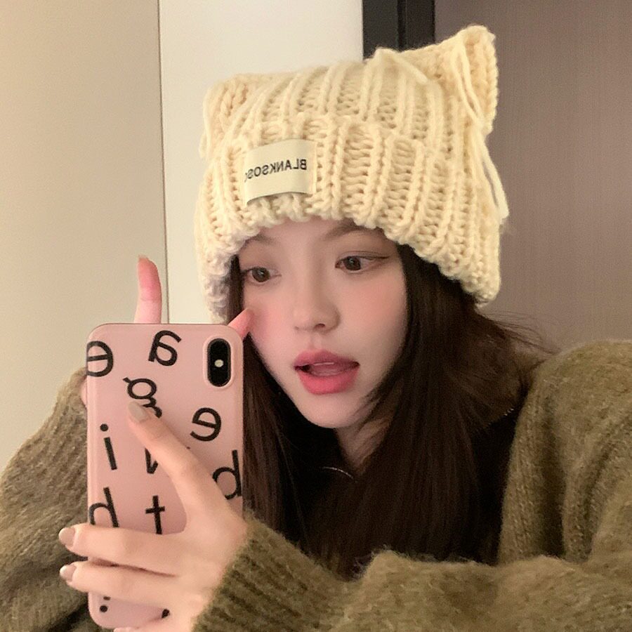 针织帽女新款秋冬季韩版百搭可爱兔耳朵毛线帽护耳加厚保暖显脸小