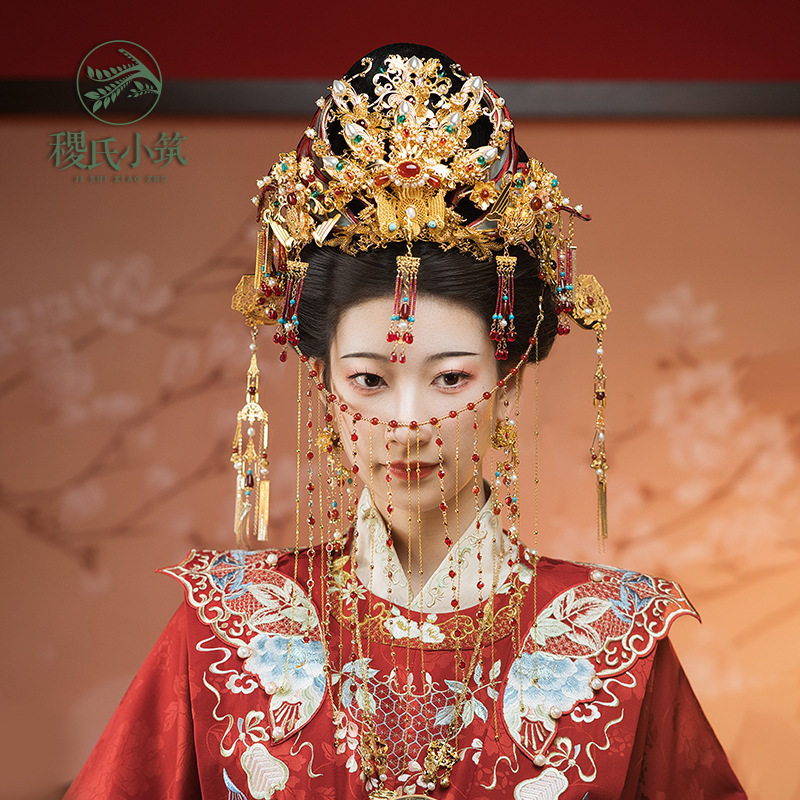 稷氏小筑 小凤啾 汉服发饰套装镀24k真金汉婚结婚新娘发冠