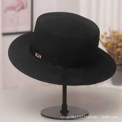 夏天平顶礼帽女复古风遮阳防晒出游海边沙滩度假宽檐英伦草帽女潮