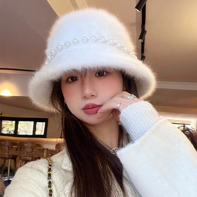 气质优雅兔毛渔夫帽女秋冬珍珠蝴蝶结甜美可爱毛绒绒保暖防寒盆帽