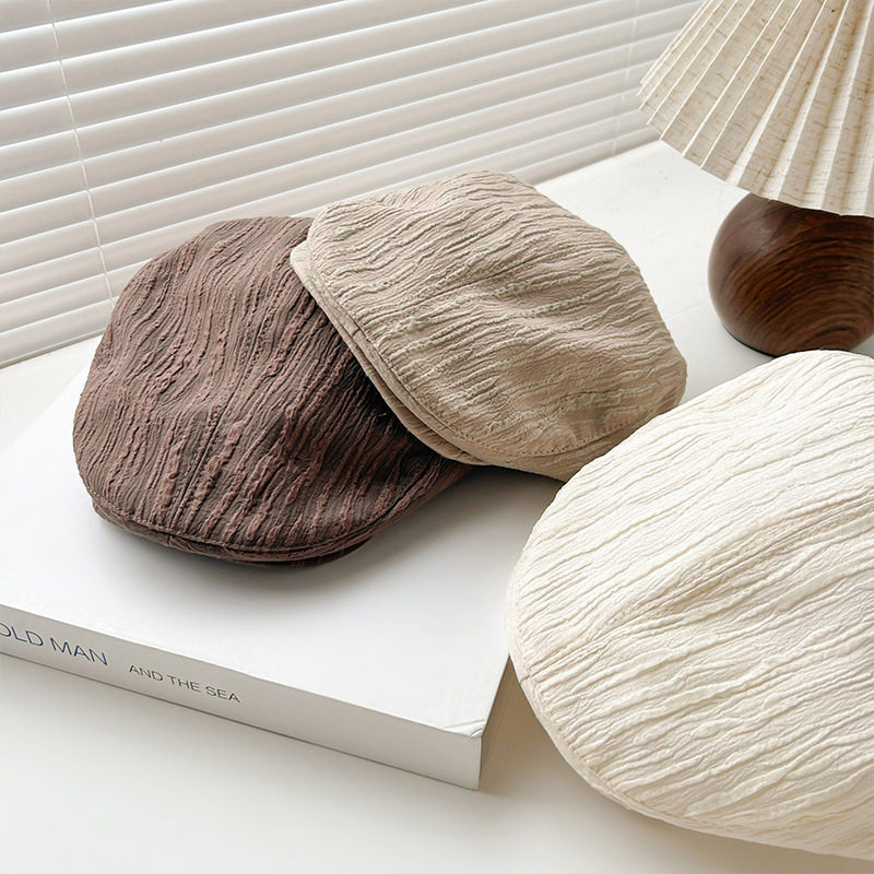 日韩休闲画家帽女春秋季褶皱条纹时尚潮流街头出行短檐鸭舌贝雷帽