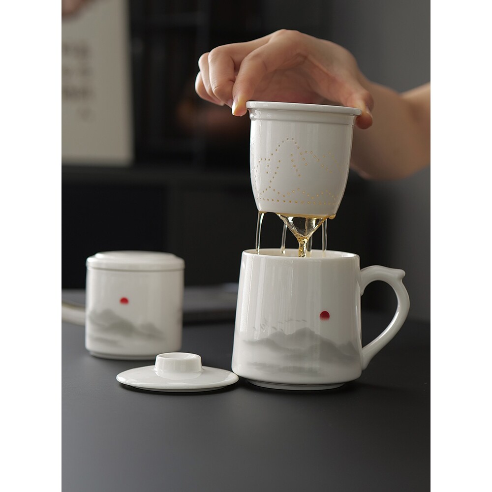 水墨羊脂玉泡茶杯带过滤三件套办公室茶水分离杯子个人专用马克杯
