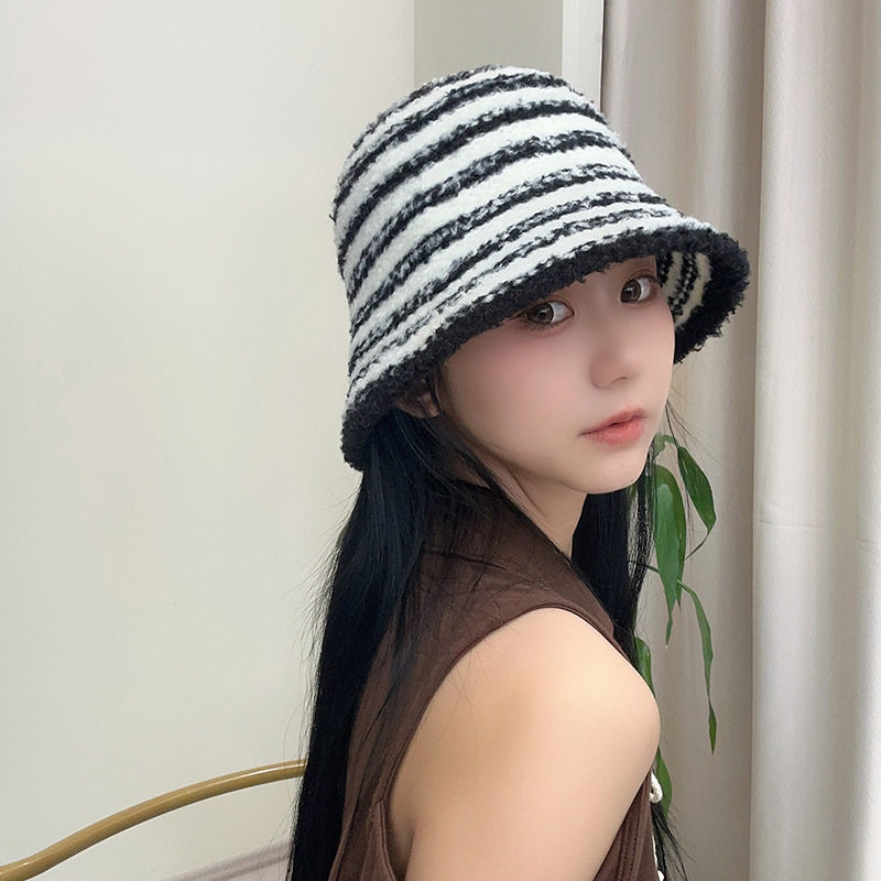 拼色保暖渔夫帽女条纹显脸小水桶帽休闲百搭网红针织帽学生冷帽男