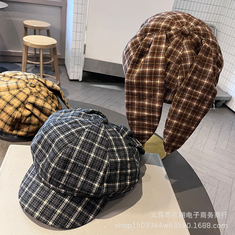2025新款日系小众设计感兔耳朵八角帽女复古格子报童帽毛呢贝雷帽