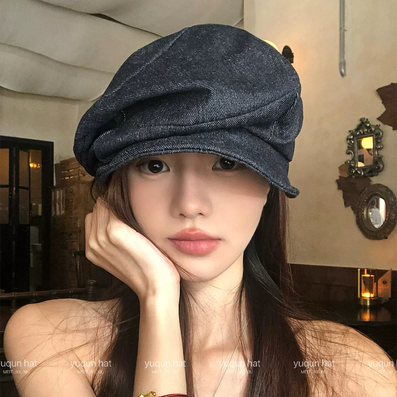 日系小众复古牛仔贝雷帽女2025新款大头围显脸小八角帽画家帽