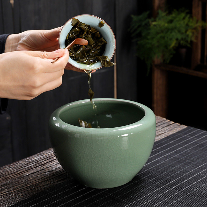 特大号茶渣缸大容量哥窑开片茶洗盆陶瓷建水功夫茶具茶道零配水盂