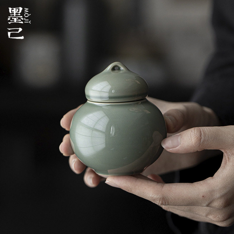 墨己越窑青瓷葫芦小茶叶罐陶瓷家用香粉罐密封罐储物罐迷你茶罐