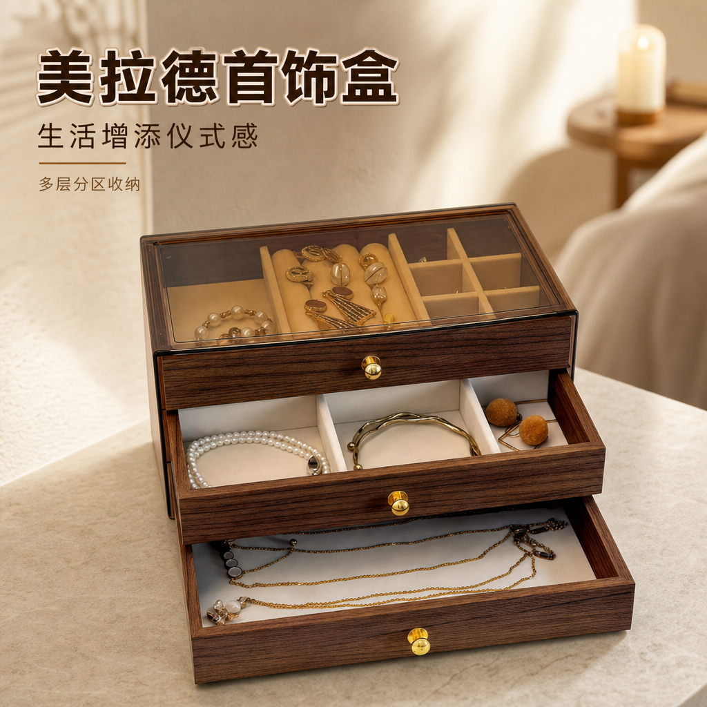 首饰收纳盒高档精致胡桃木纹大容量耳钉项链饰品头饰手饰收纳盒子