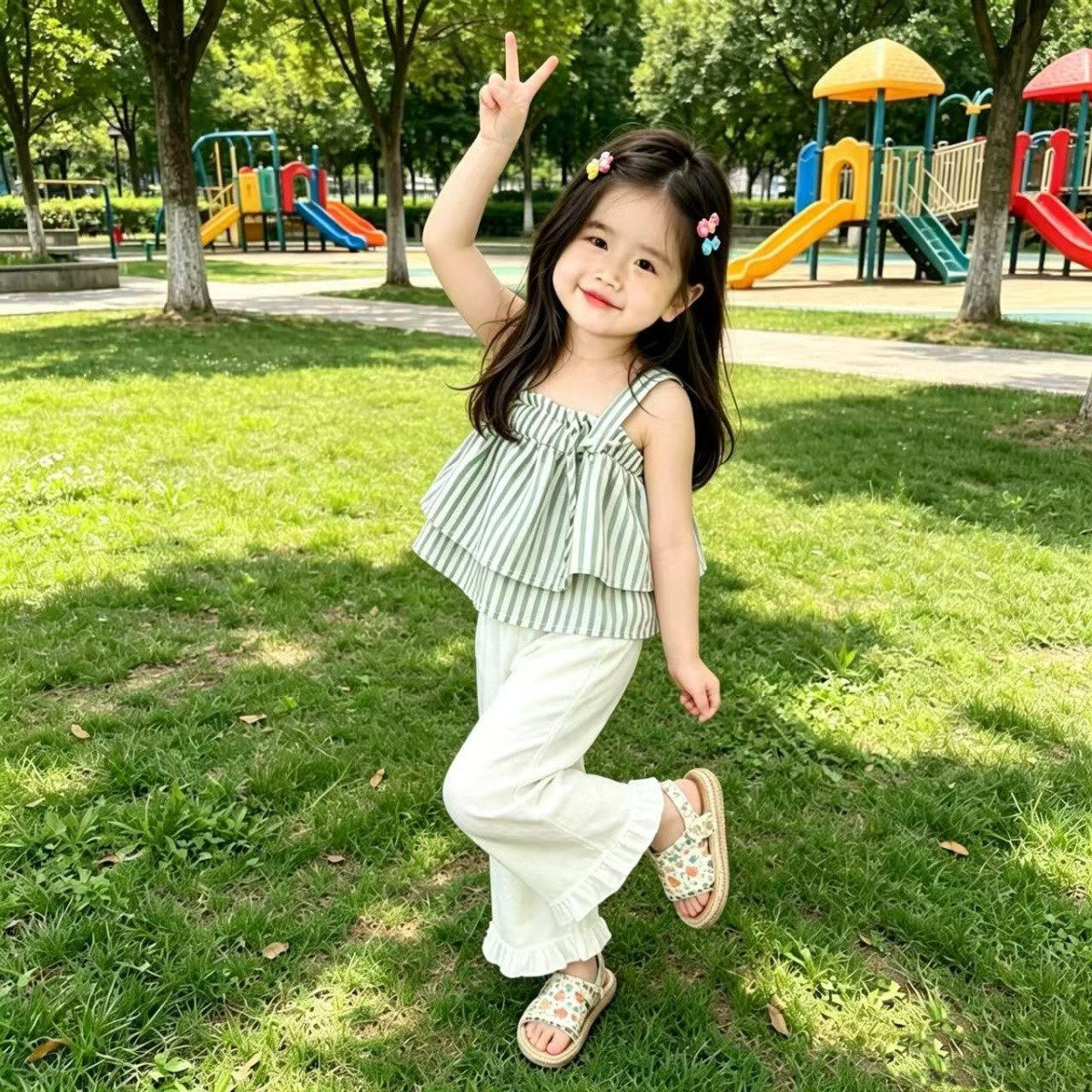 女童夏季条纹吊带套装2026新款洋气露肩宝宝韩系上衣喇叭裤两件套