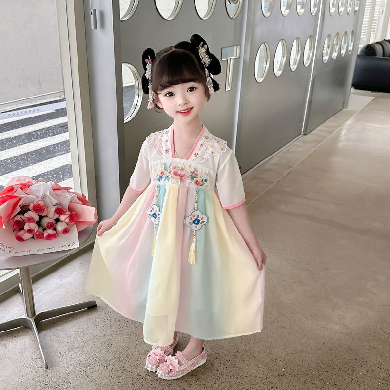 女童中国风汉服连衣裙夏季彩虹襦裙超仙女宝宝古风裙子