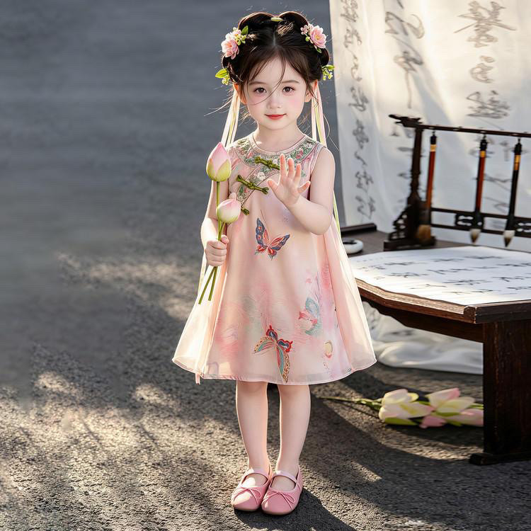 女童汉服旗袍裙夏装2026新款儿童洋气新中式国风汉服蝴蝶盘扣裙子