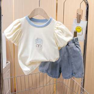 童装女童韩版套装夏季新款简约百搭牛仔短裤中小儿童洋气两件套潮