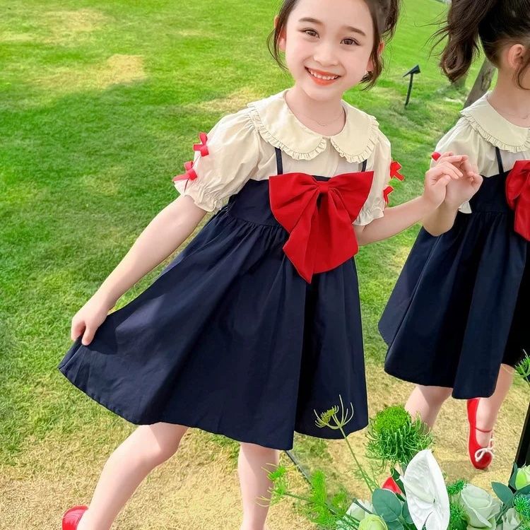女童连衣裙2025新款儿童洋气时髦春秋款蝴蝶结公主裙中大童裙子