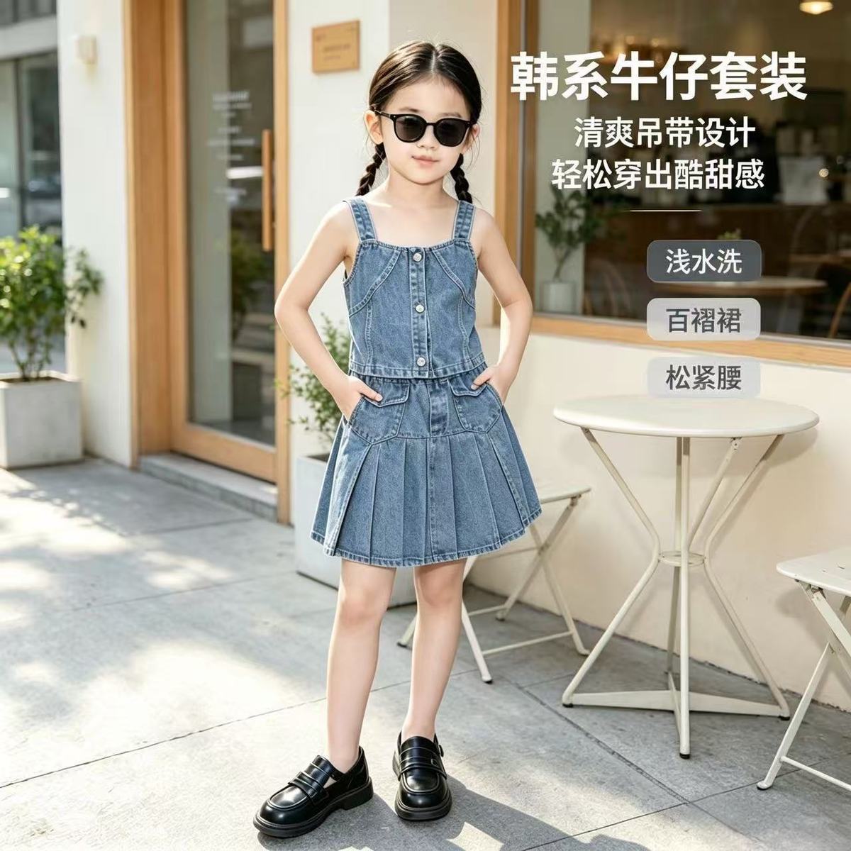 牛仔吊带百褶裙套装2026夏背心牛仔裙休闲儿童夏季短裙女童两件套