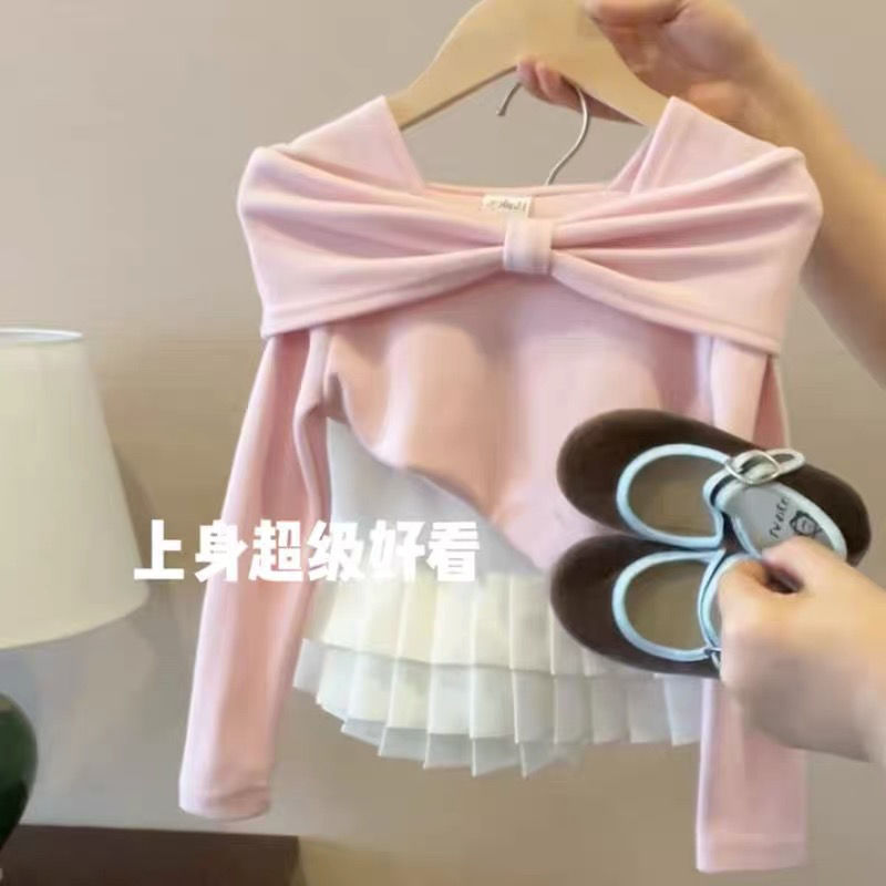 女童套装2025春装新款甜美蝴蝶结长袖上衣百褶半身裙儿童两件