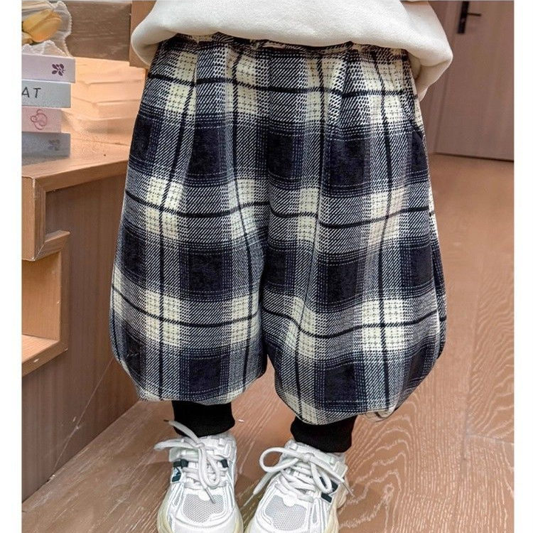 女童秋冬季加绒裤子2025新款男女宝宝格子一体绒休闲裤洋气灯笼裤