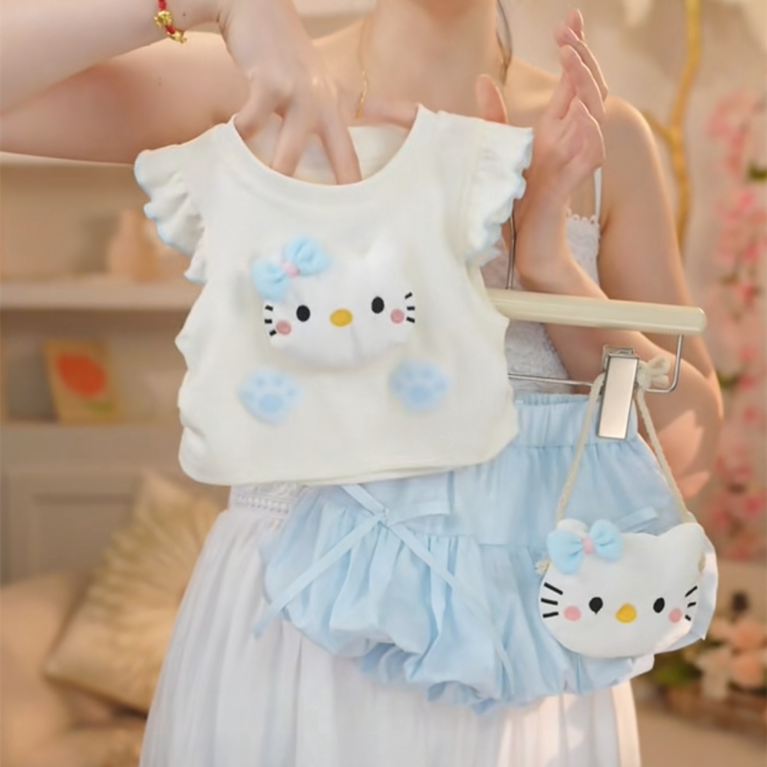 女童套装童装夏季小猫立体装饰T恤/花苞裤两件套宝宝洋气上衣裤子