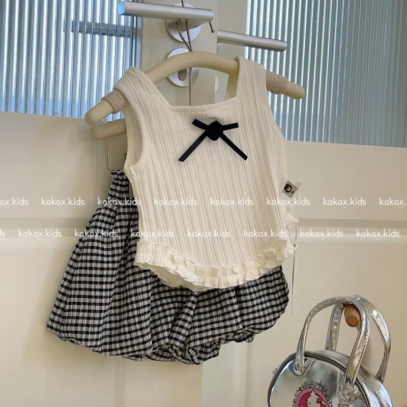女童夏装2026新款套装网红儿童花边蝴蝶结无袖背心格子花苞短裤子