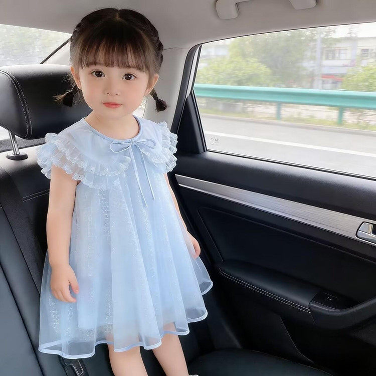 女童小飞袖蓝色连衣裙夏季系带荷叶边蓬蓬裙子网纱公主裙韩版洋气