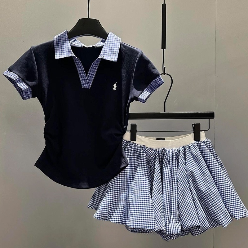 女童套装2026新款夏季儿童洋气时髦短袖T恤格子短裙宝宝两件套潮