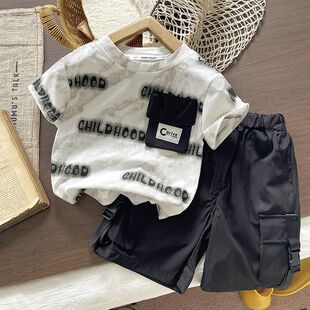 男童短袖潮酷套装韩版夏季新款洋气宝宝酷帅中小童两件套印花圆领