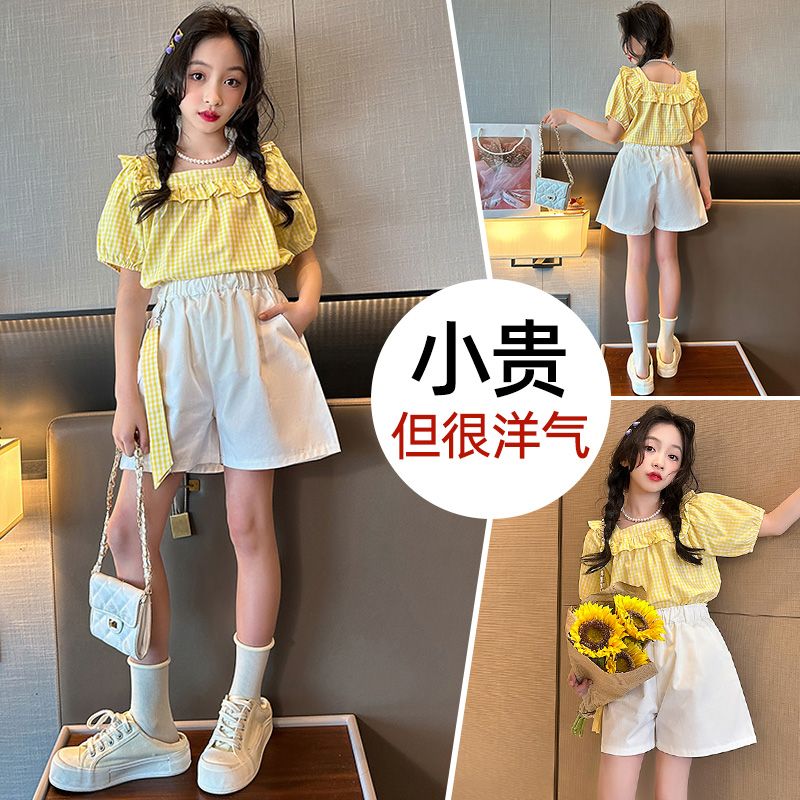女童夏装套装2025新款小女孩夏季洋气短袖衬衫运动短裤儿童两件套