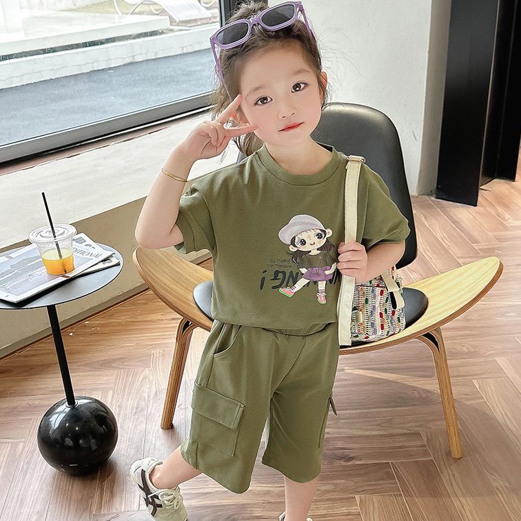 女童套装夏装2025新款儿童休闲运动装女宝宝洋气韩版工装裤两件套