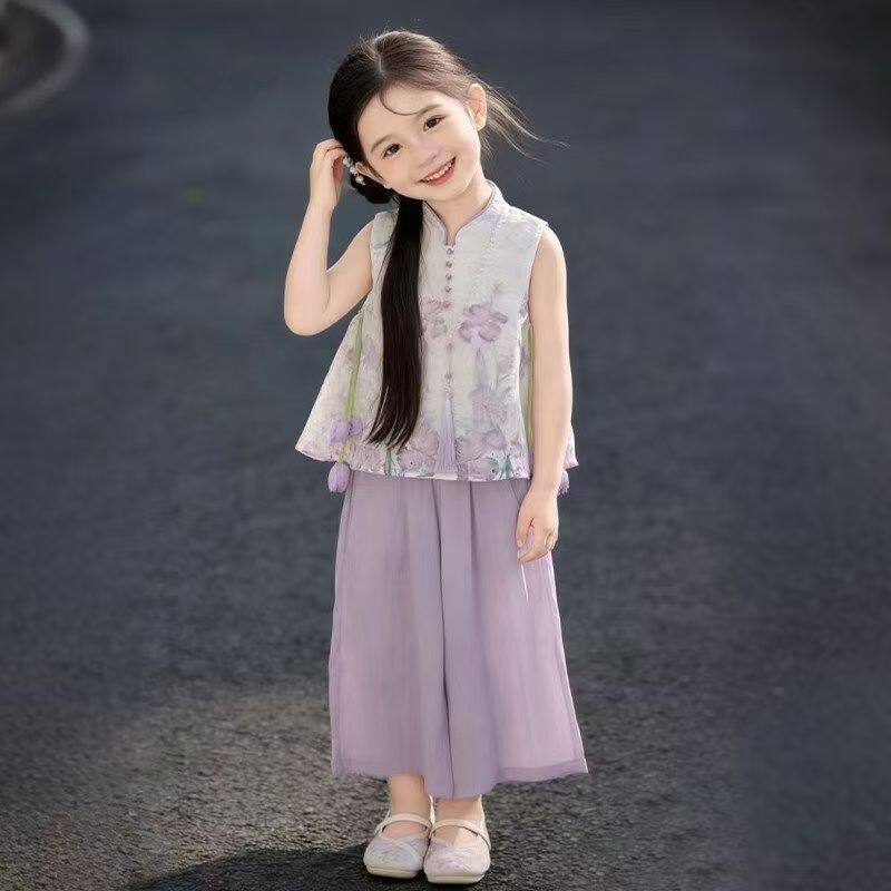 女童新中式国风套装夏季无袖背心阔腿裤两件套中大童汉服套装